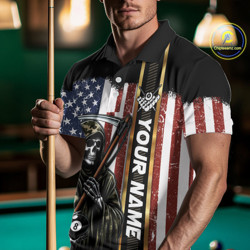 Camo Grim Reaper 8 Ball Billiard Shirt For Men Custom American Flag Pool Team Jersey Polo, 1/4 Zip TDM6246