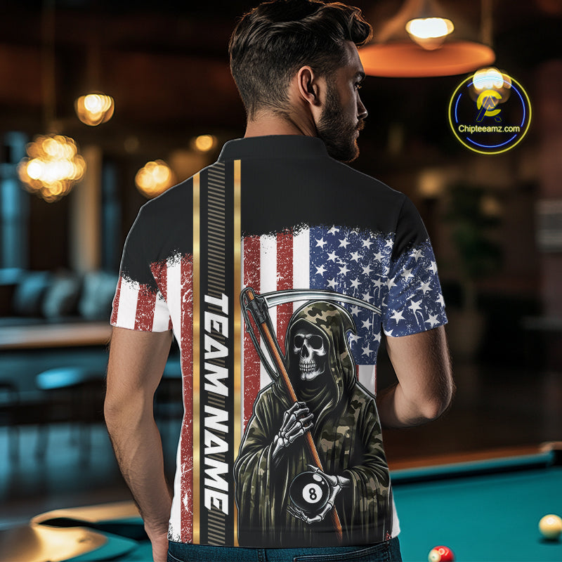 Camo Grim Reaper 8 Ball Billiard Shirt For Men Custom American Flag Pool Team Jersey Polo, 1/4 Zip TDM6246