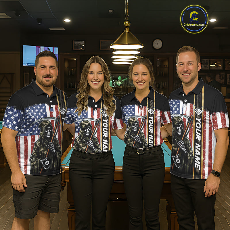 Camo Grim Reaper 8 Ball Billiard Shirt For Men Custom American Flag Pool Team Jersey Polo, 1/4 Zip TDM6246