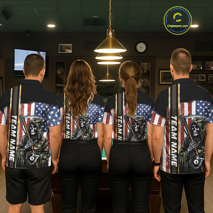Camo Grim Reaper 8 Ball Billiard Shirt For Men Custom American Flag Pool Team Jersey Polo, 1/4 Zip TDM6246
