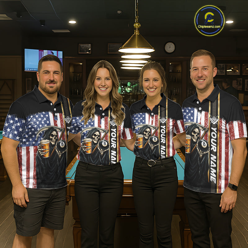 Grim Reaper With Beer Custom 8 Ball Billiard Shirt For Women, US Flag Pool Team Jersey Polo, 1/4 Zip TDM6247