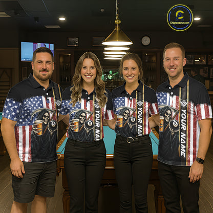 Grim Reaper With Beer Custom 8 Ball Billiard Shirt For Women, US Flag Pool Team Jersey Polo, 1/4 Zip TDM6247
