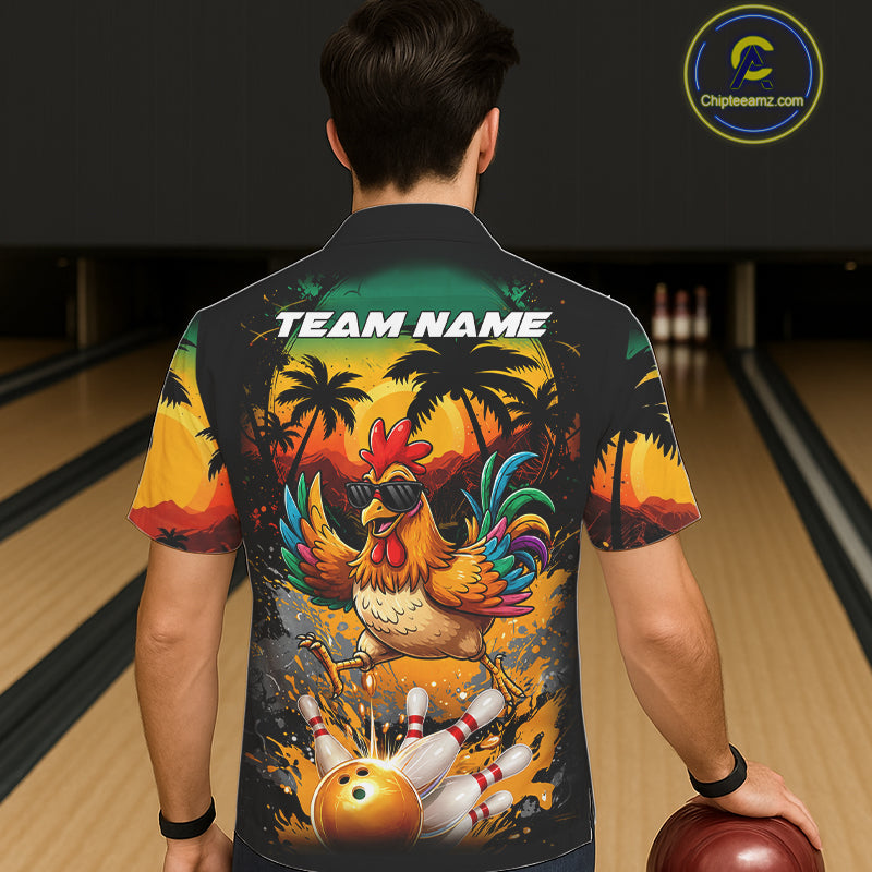 Funny Chicken Sunset Tropical Bowling Hawaiian Jersey For Men Women Custom Bowling Team Shirts TDM6458