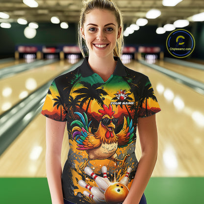 Funny Chicken Sunset Tropical Bowling Jersey For Women Custom Bowling Team Shirts Polo & 1/4 Zip TDM6458
