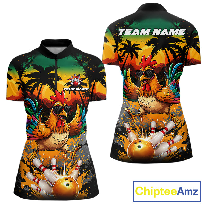 Funny Chicken Sunset Tropical Bowling Jersey For Women Custom Bowling Team Shirts Polo & 1/4 Zip TDM6458
