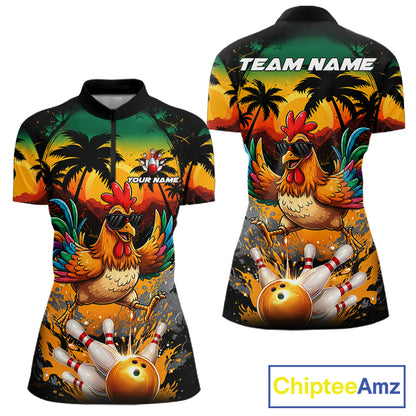 Funny Chicken Sunset Tropical Bowling Jersey For Women Custom Bowling Team Shirts Polo & 1/4 Zip TDM6458