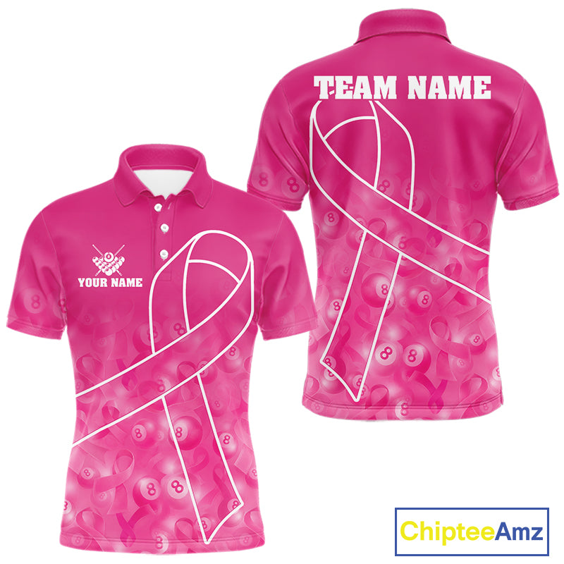 Pink ribbon pool shirt for men with 8 ball design and awareness inspired team style.