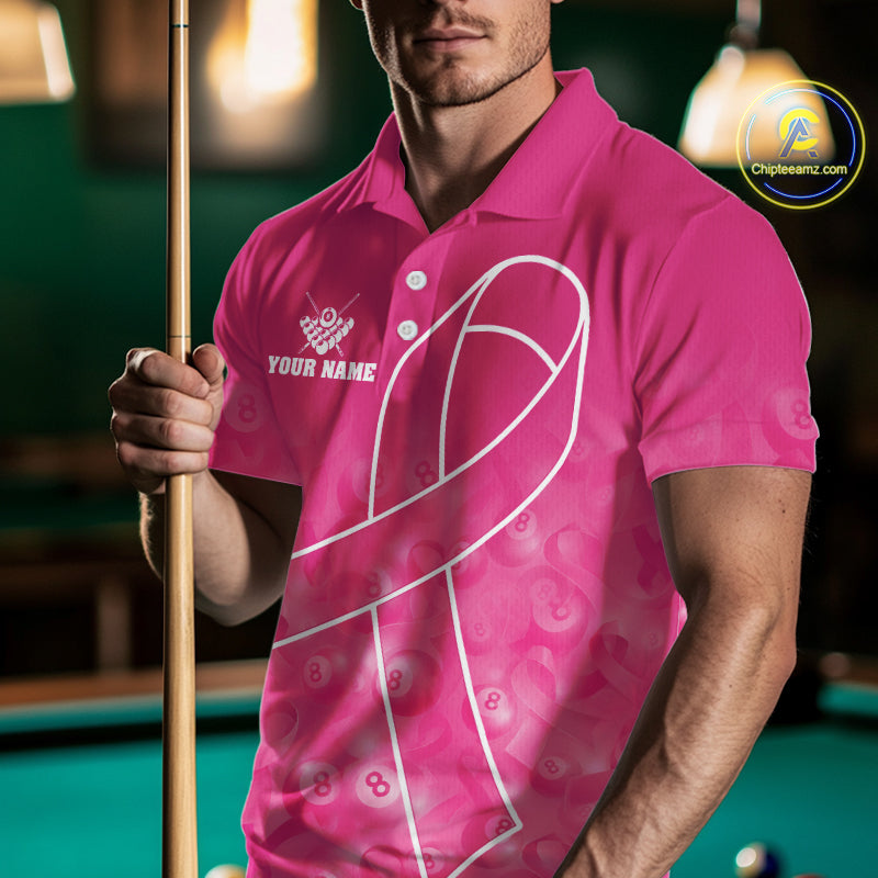 Man wearing a pink ribbon billiard shirt during pool league play front view.
