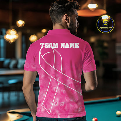 Back view of man wearing a breast cancer awareness billiard jersey inside a game room.