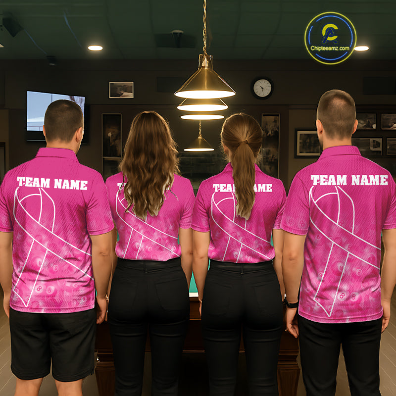 Back view of players wearing pink ribbon billiard shirts during league match play.