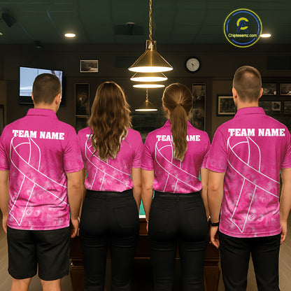 Back view of players wearing pink ribbon billiard shirts during league match play.