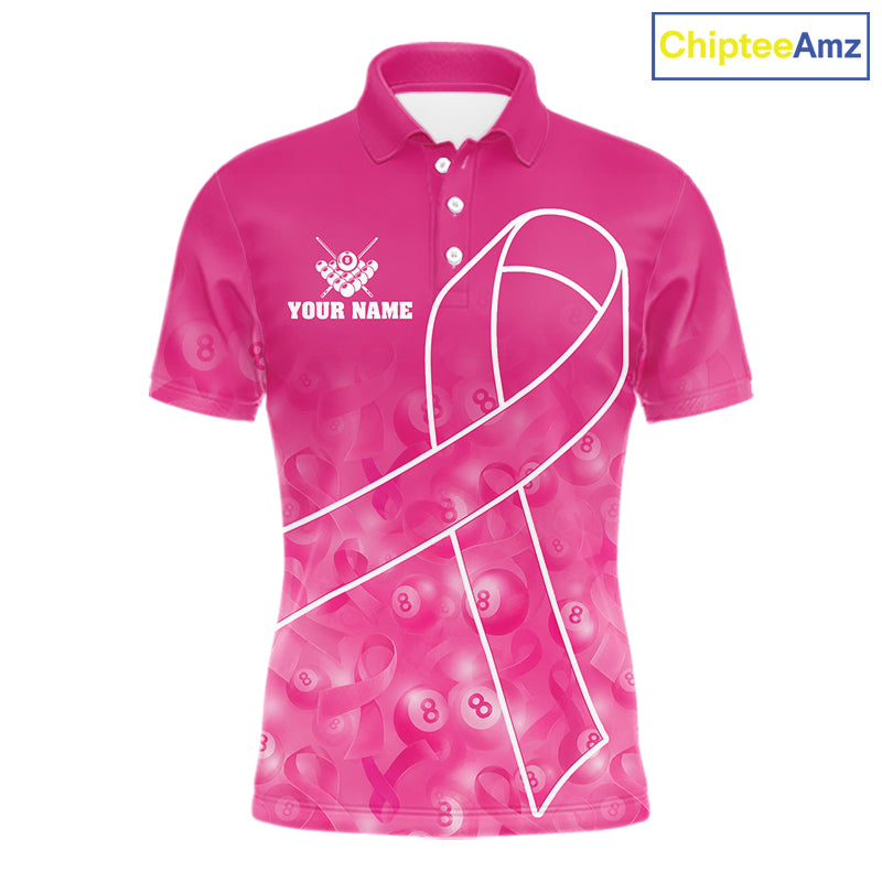 Pink ribbon 8 ball billiard polo shirt for men with breast cancer awareness themed league graphics.