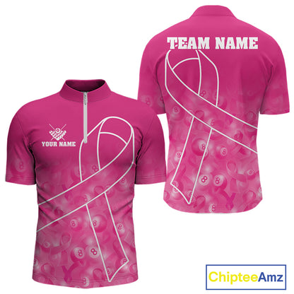 Pink ribbon billiard quarter zip shirt for men built for tournaments and league support events.