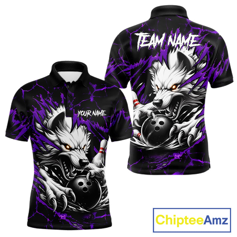Black and purple custom wolf bowling team jersey polo shirt for men featuring a fierce wolf design, premium personalized bowling league apparel for tournaments and team play.