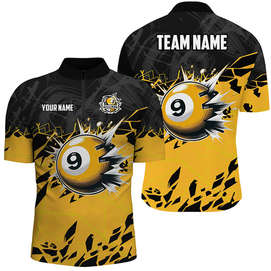 Funny Yellow Black 9 Ball Pool Crack Custom Billiard Shirts For Men, 9 Ball Billiard Jerseys TDM2416