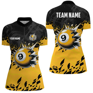 Funny Yellow Black 9 Ball Pool Crack Custom Billiard Shirts For Women, 9 Ball Billiard Jerseys TDM2416