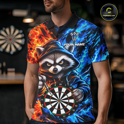Custom Fire And Ice Funny Raccoon Darts Shirts For Men, Darts League Team Jersey Polo & 1/4 Zip TDM8083