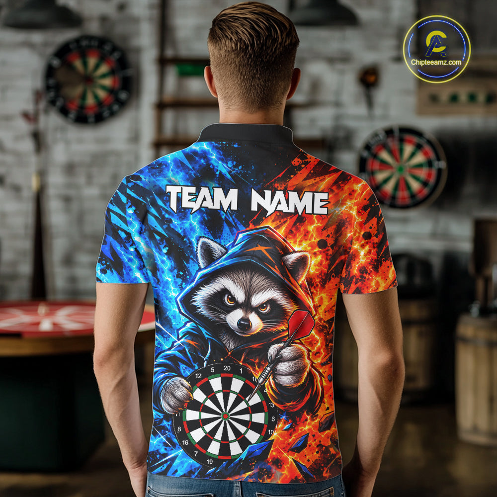 Custom Fire And Ice Funny Raccoon Darts Shirts For Men, Darts League Team Jersey Polo & 1/4 Zip TDM8083
