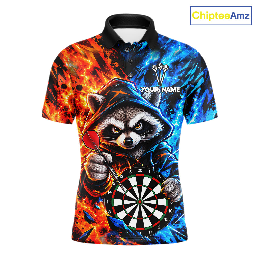Custom Fire And Ice Funny Raccoon Darts Shirts For Men, Darts League Team Jersey Polo & 1/4 Zip TDM8083