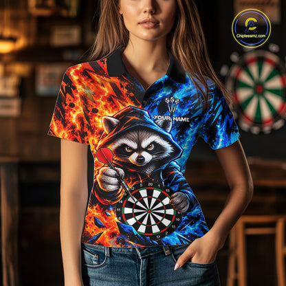 Custom Fire And Ice Funny Raccoon Darts Shirts For Women, Darts League Team Jersey Polo & 1/4 Zip TDM8083