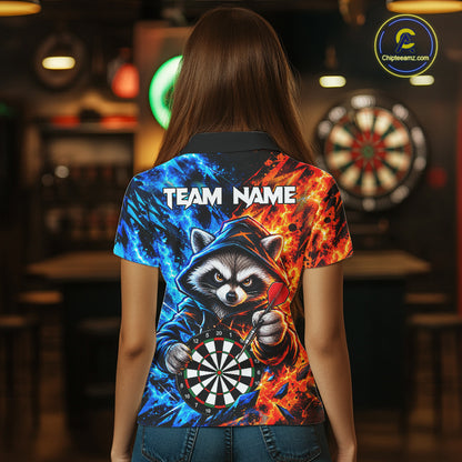 Custom Fire And Ice Funny Raccoon Darts Shirts For Women, Darts League Team Jersey Polo & 1/4 Zip TDM8083