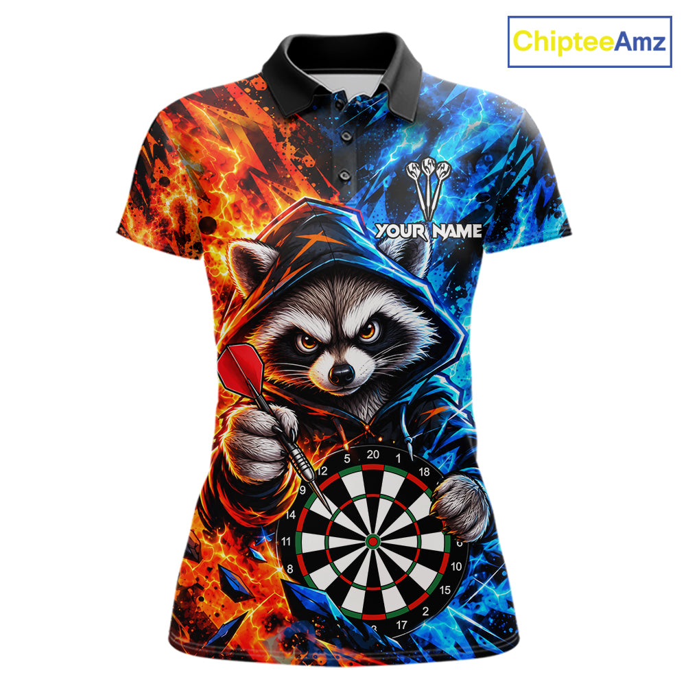 Custom Fire And Ice Funny Raccoon Darts Shirts For Women, Darts League Team Jersey Polo & 1/4 Zip TDM8083