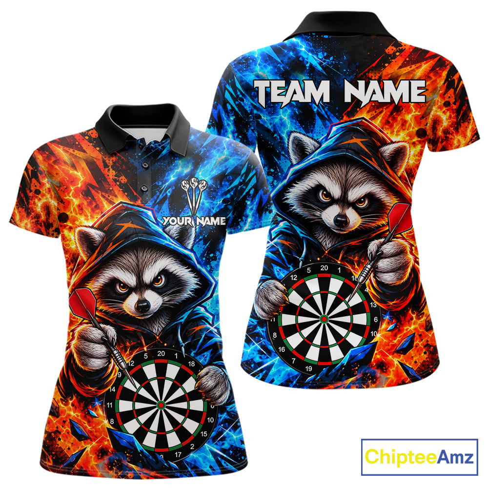 Custom Fire And Ice Funny Raccoon Darts Shirts For Women, Darts League Team Jersey Polo & 1/4 Zip TDM8083