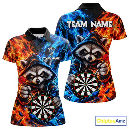 Custom Fire And Ice Funny Raccoon Darts Shirts For Women, Darts League Team Jersey Polo & 1/4 Zip TDM8083