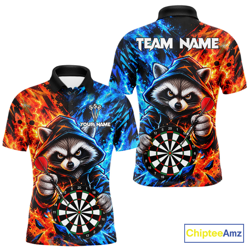 Custom Fire And Ice Funny Raccoon Darts Shirts For Men, Darts League Team Jersey Polo & 1/4 Zip TDM8083