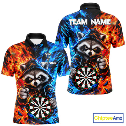 Custom Fire And Ice Funny Raccoon Darts Shirts For Men, Darts League Team Jersey Polo & 1/4 Zip TDM8083