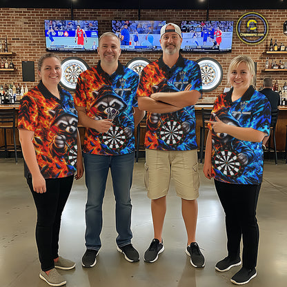 Custom Fire And Ice Funny Raccoon Darts Shirts For Women, Darts League Team Jersey Polo & 1/4 Zip TDM8083