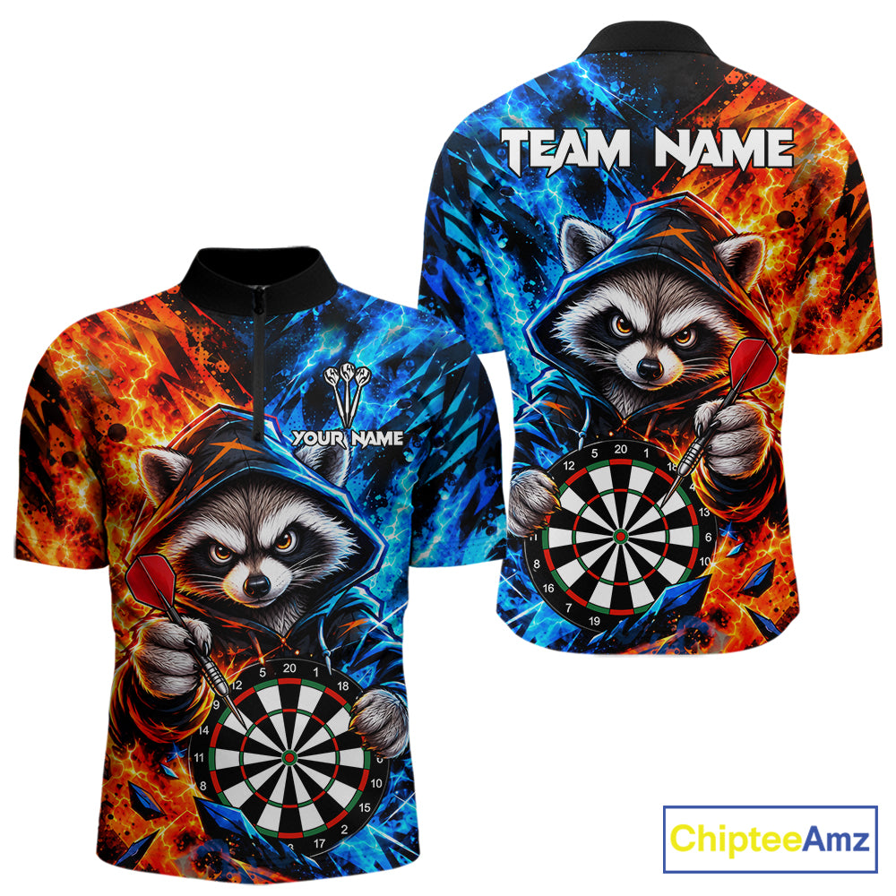 Custom Fire And Ice Funny Raccoon Darts Shirts For Men, Darts League Team Jersey Polo & 1/4 Zip TDM8083