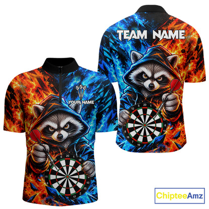 Custom Fire And Ice Funny Raccoon Darts Shirts For Men, Darts League Team Jersey Polo & 1/4 Zip TDM8083