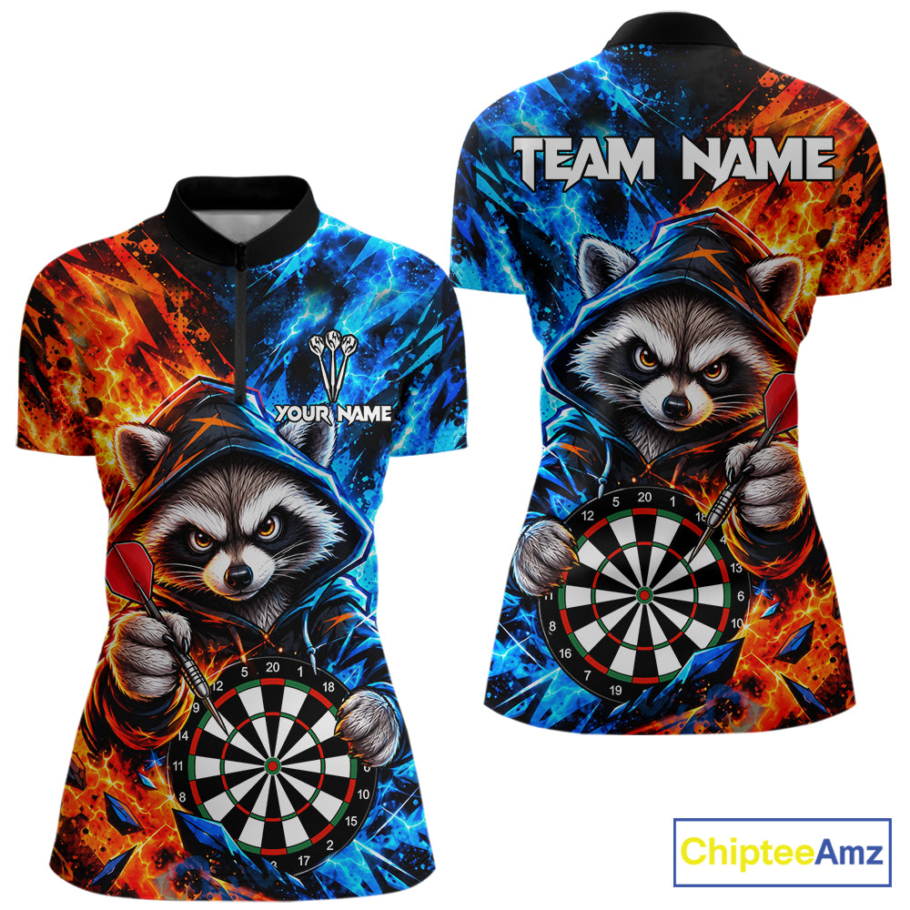 Custom Fire And Ice Funny Raccoon Darts Shirts For Women, Darts League Team Jersey Polo & 1/4 Zip TDM8083