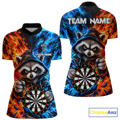 Custom Fire And Ice Funny Raccoon Darts Shirts For Women, Darts League Team Jersey Polo & 1/4 Zip TDM8083