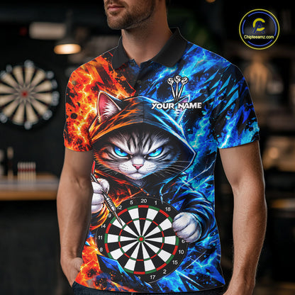 Custom Fire And Ice Funny Cat Darts Shirts For Men Personalized Darts Team Jersey Polo & 1/4 Zip TDM8084