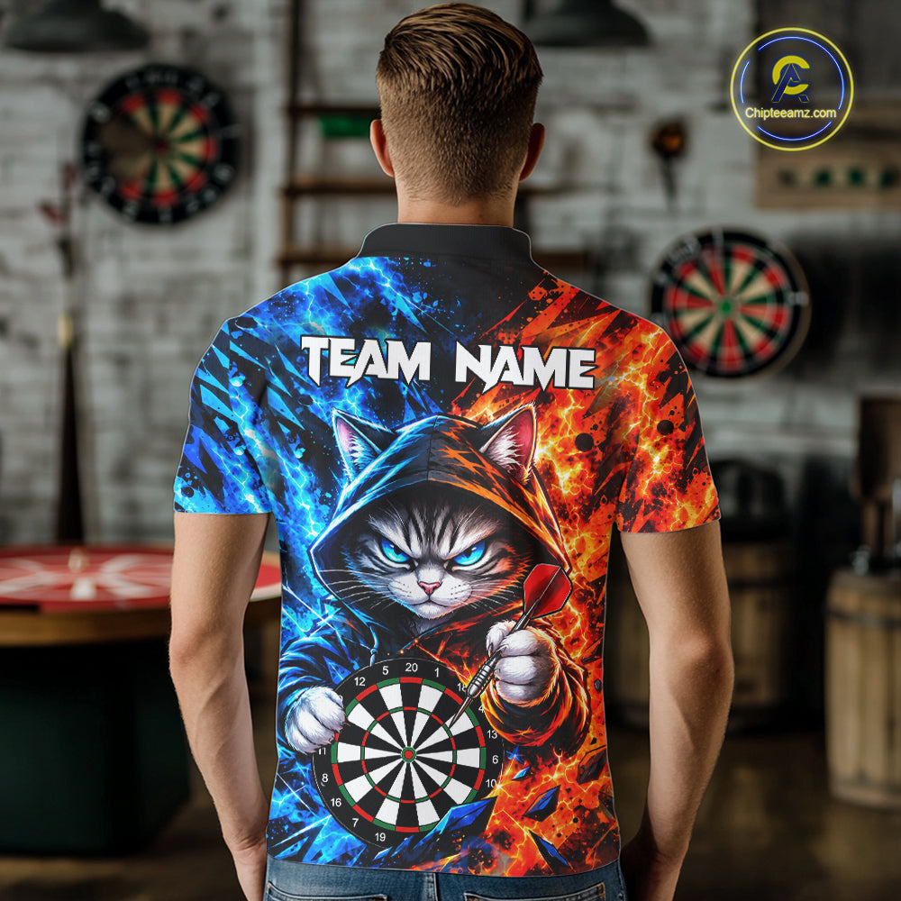Custom Fire And Ice Funny Cat Darts Shirts For Men Personalized Darts Team Jersey Polo & 1/4 Zip TDM8084