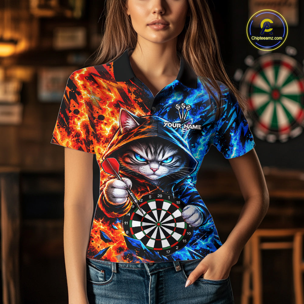 Custom Fire And Ice Funny Cat Darts Shirts For Women Personalized Darts Team Jersey Polo & 1/4 Zip TDM8084