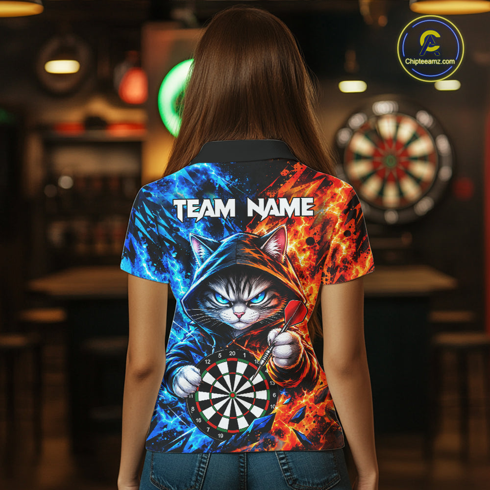 Custom Fire And Ice Funny Cat Darts Shirts For Women Personalized Darts Team Jersey Polo & 1/4 Zip TDM8084