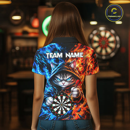 Custom Fire And Ice Funny Cat Darts Shirts For Women Personalized Darts Team Jersey Polo & 1/4 Zip TDM8084