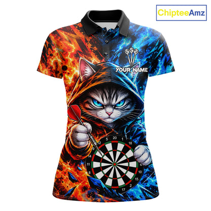 Custom Fire And Ice Funny Cat Darts Shirts For Women Personalized Darts Team Jersey Polo & 1/4 Zip TDM8084