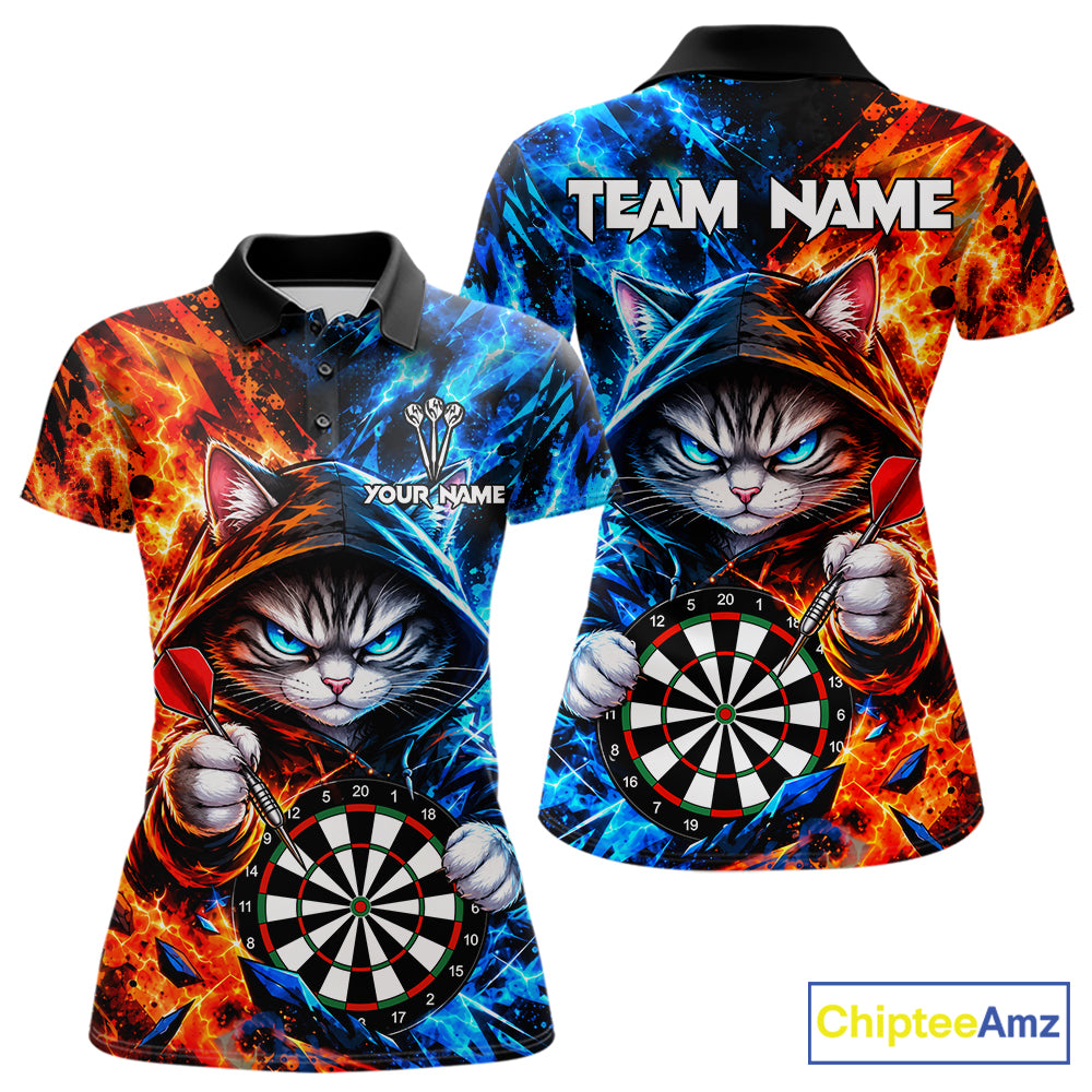 Custom Fire And Ice Funny Cat Darts Shirts For Women Personalized Darts Team Jersey Polo & 1/4 Zip TDM8084