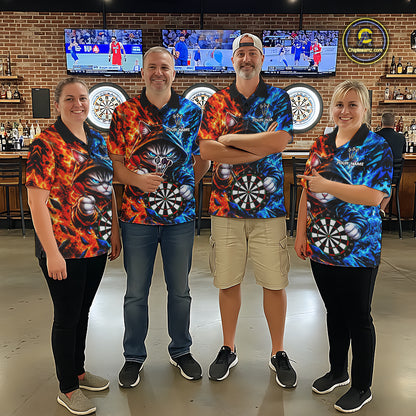 Custom Fire And Ice Funny Cat Darts Shirts For Women Personalized Darts Team Jersey Polo & 1/4 Zip TDM8084