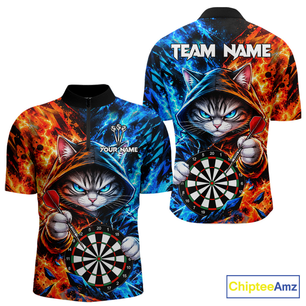Custom Fire And Ice Funny Cat Darts Shirts For Men Personalized Darts Team Jersey Polo & 1/4 Zip TDM8084
