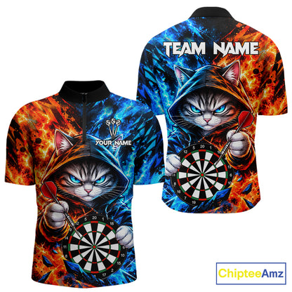 Custom Fire And Ice Funny Cat Darts Shirts For Men Personalized Darts Team Jersey Polo & 1/4 Zip TDM8084