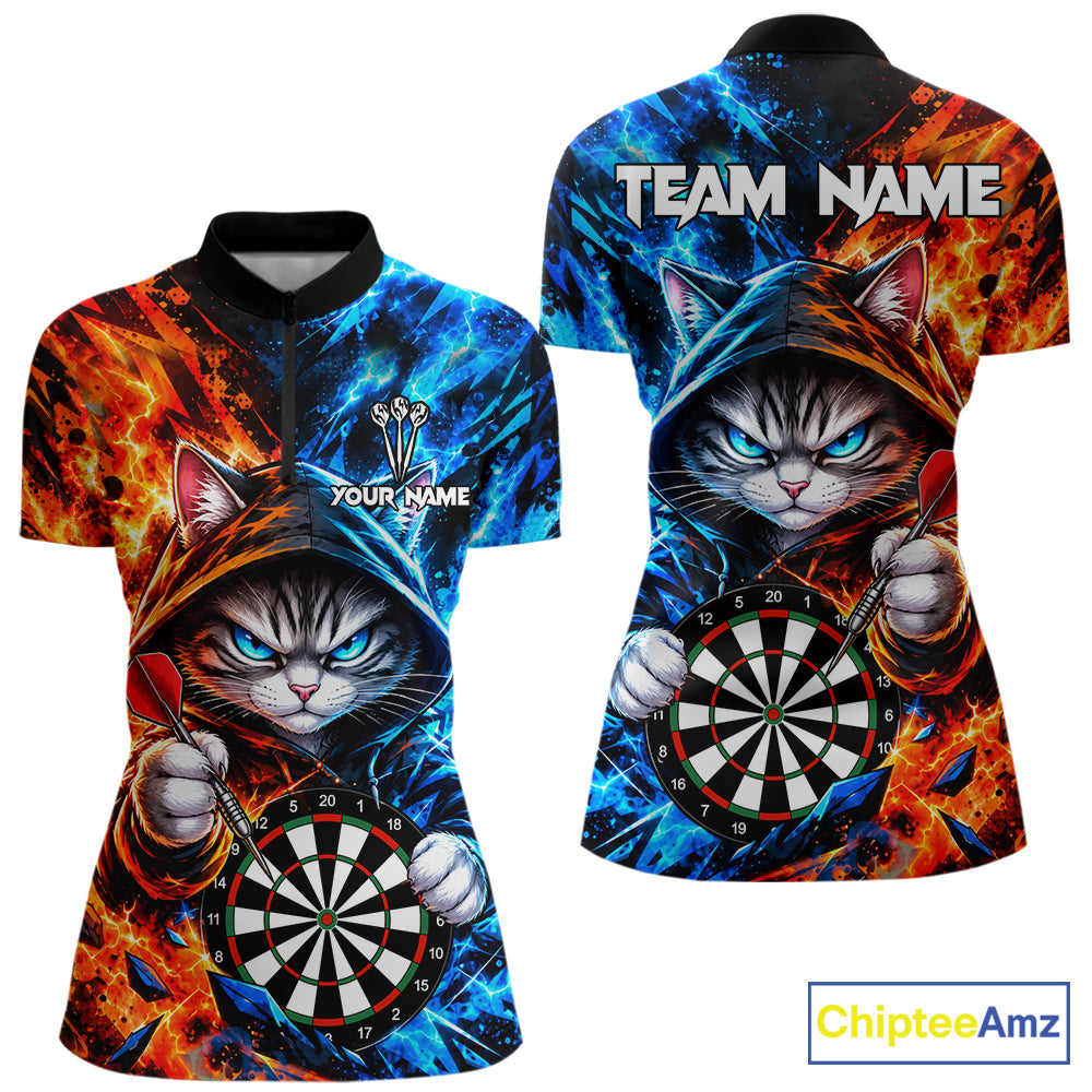 Custom Fire And Ice Funny Cat Darts Shirts For Women Personalized Darts Team Jersey Polo & 1/4 Zip TDM8084