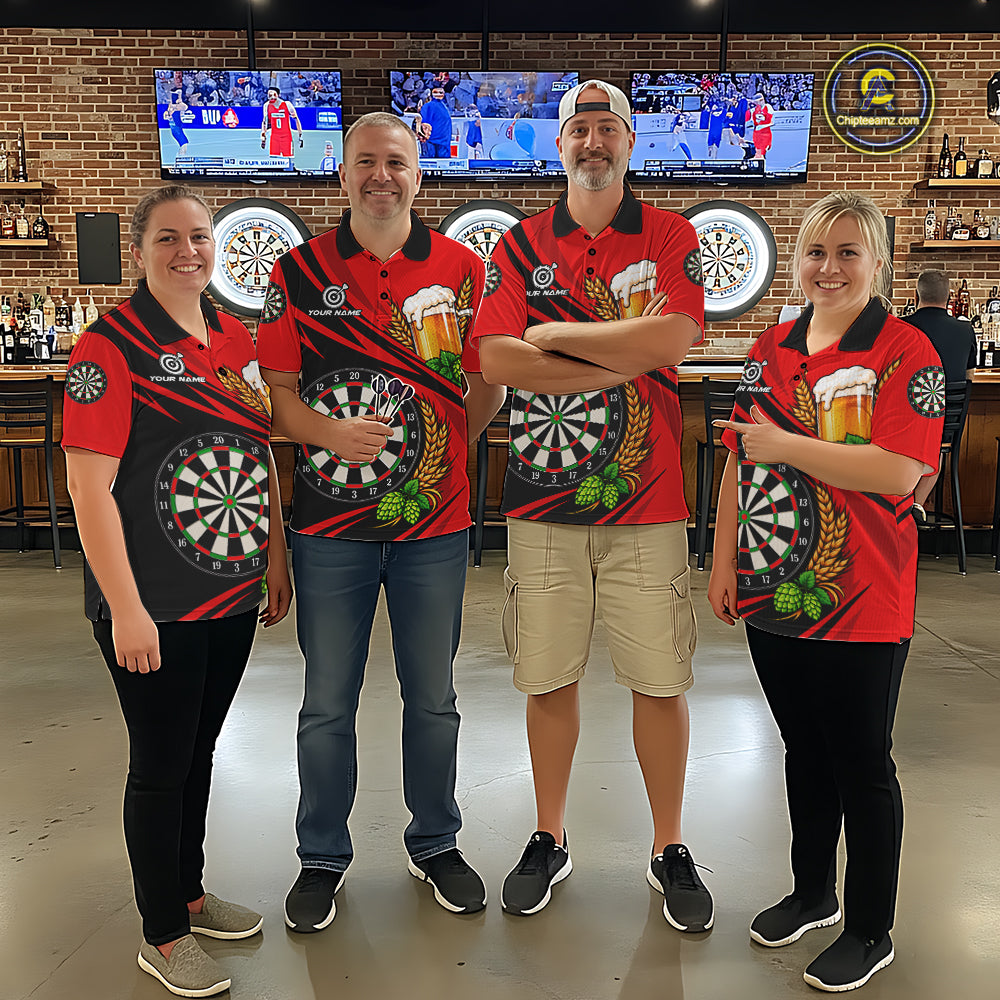 Personalized Red Funny Beer Darts Shirts For Men Custom Drinking Darts Team Jersey Polo & 1/4 Zip TDM8091