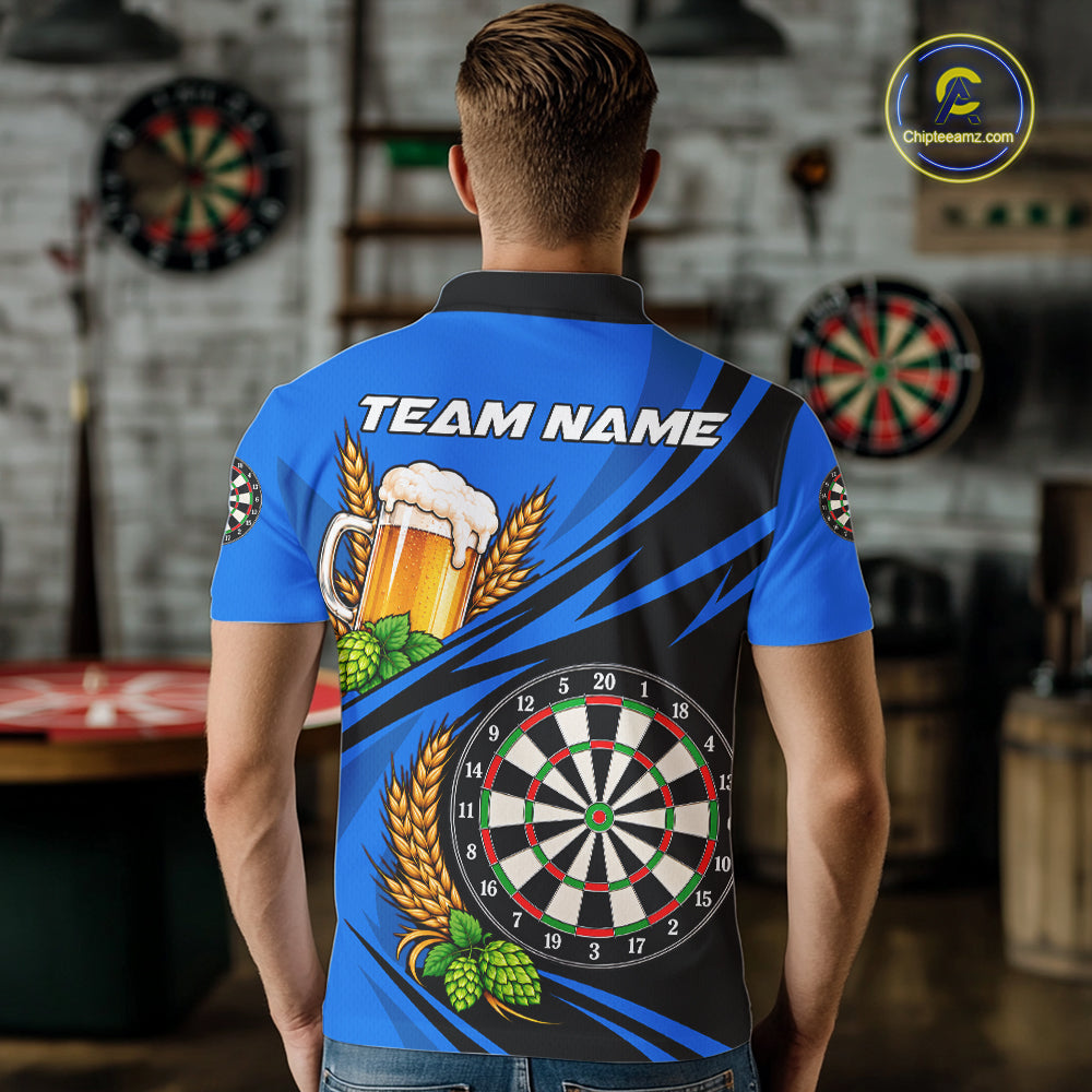 Personalized Blue Funny Beer Darts Shirts For Men Custom Drinking Darts Team Jersey Polo & 1/4 Zip TDM8092
