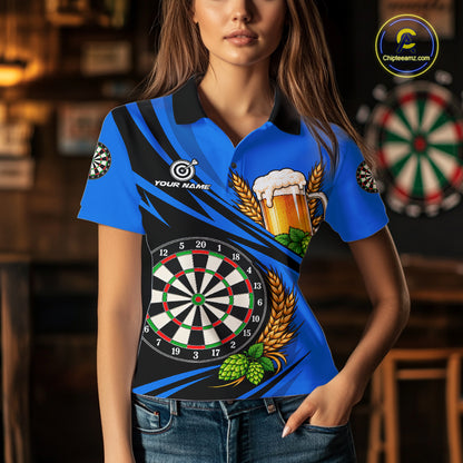 Personalized Blue Funny Beer Darts Shirts For Women Custom Drinking Darts Team Jersey Polo & 1/4 Zip TDM8092