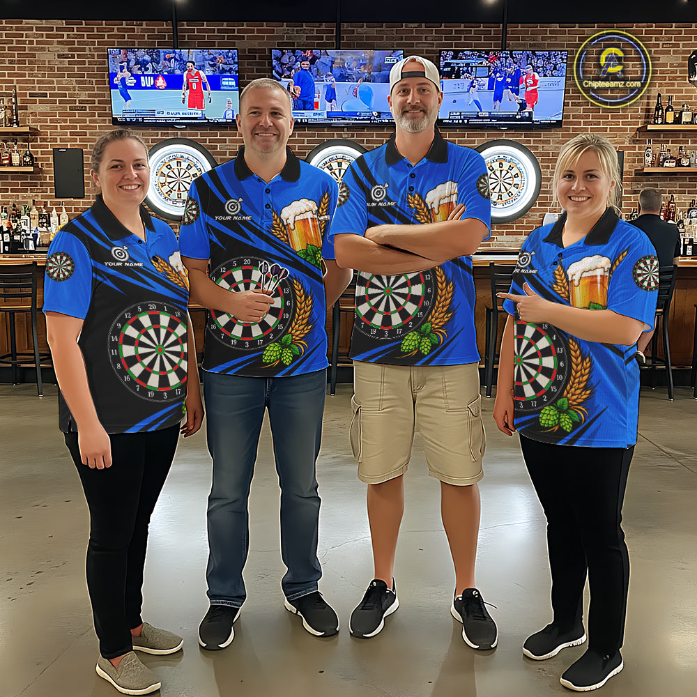 Personalized Blue Funny Beer Darts Shirts For Men Custom Drinking Darts Team Jersey Polo & 1/4 Zip TDM8092